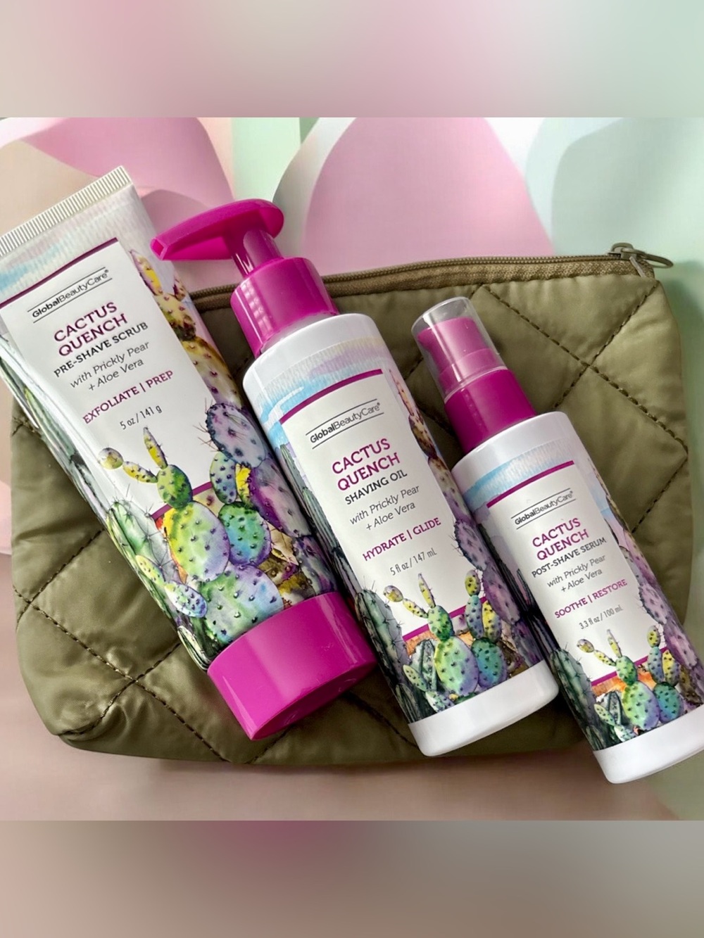 GlobalBeautyCare 🌵Cactuses Quench Shaving Trio 🌵& Cosmetic Pouch (4Pc)